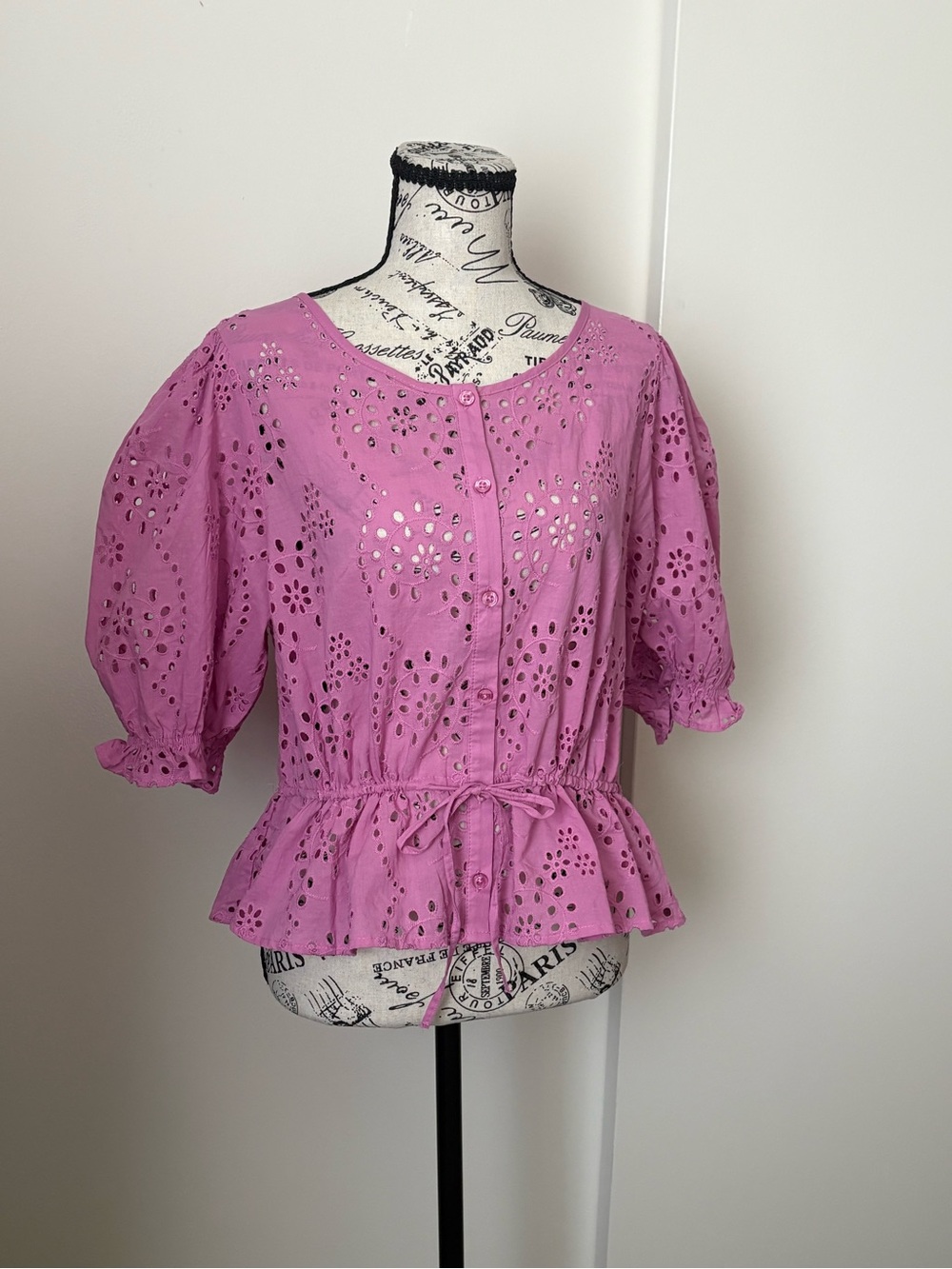 Marc New York Pink Eyelet Peplum Tie-Waist Blouse